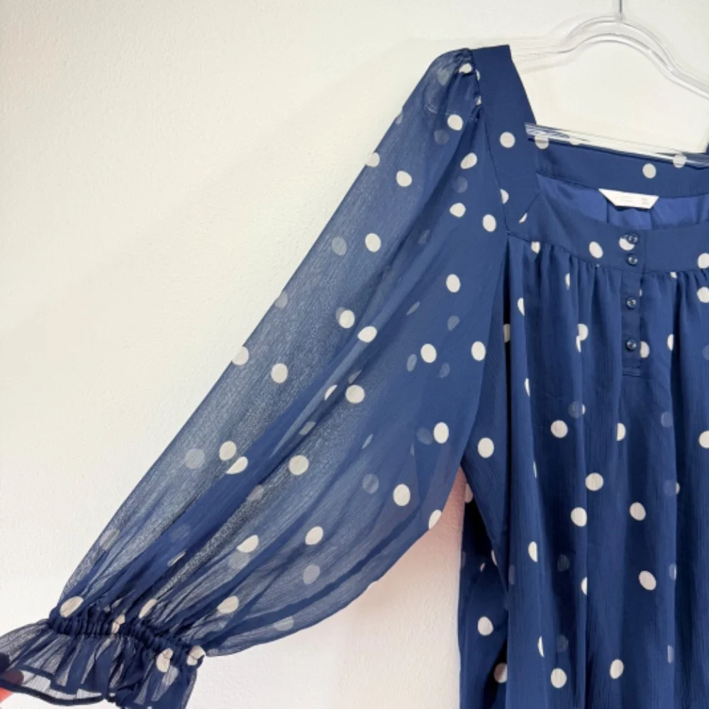 Lauren Conrad Sheer Overlay Long Sleeve White Polka Dot Navy‎ Blue Blouse XXL - Picture 2 of 7